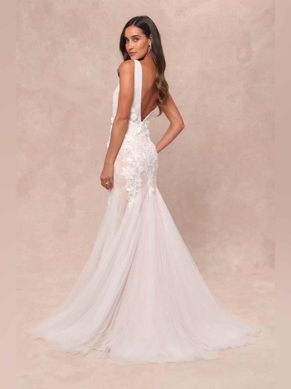 LULU’S Exceptional Vow White Tulle Lace Applique Mermaid Maxi Dress - Picture 4 of 5